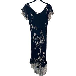 Vintage Phool Y2K 90s Black Floral Chiffon Midi Dress Artsy Whimsigoth LARGE